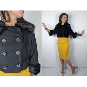 vintage 50s Black MINK FUR collar Cropped JACKET Medium/Lg wool coat midcentury